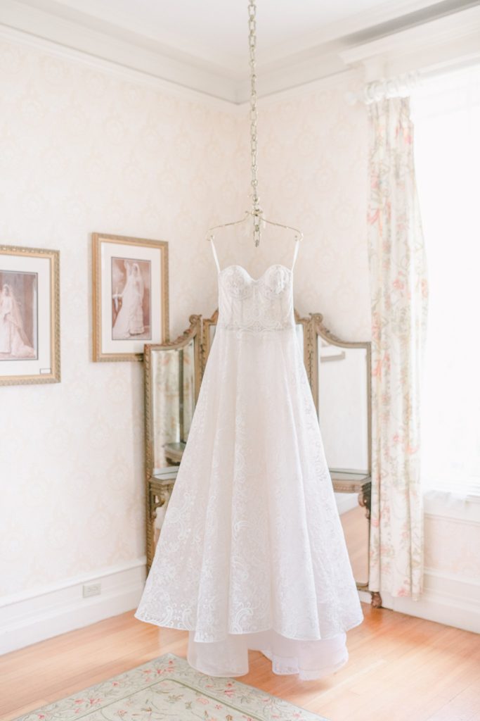 bridal gown hung at the cairnwood estate 