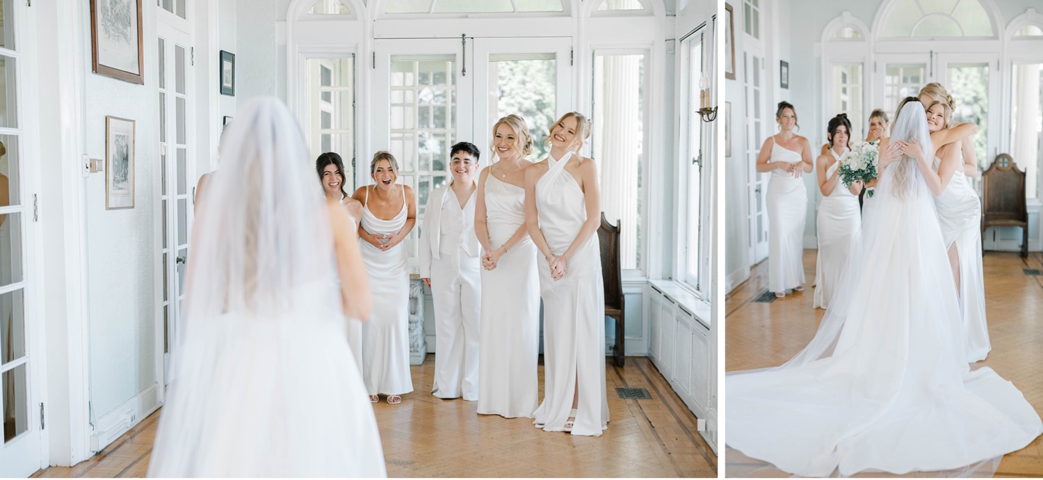 Bride and Bridesmaids First Look at Glen Foerd