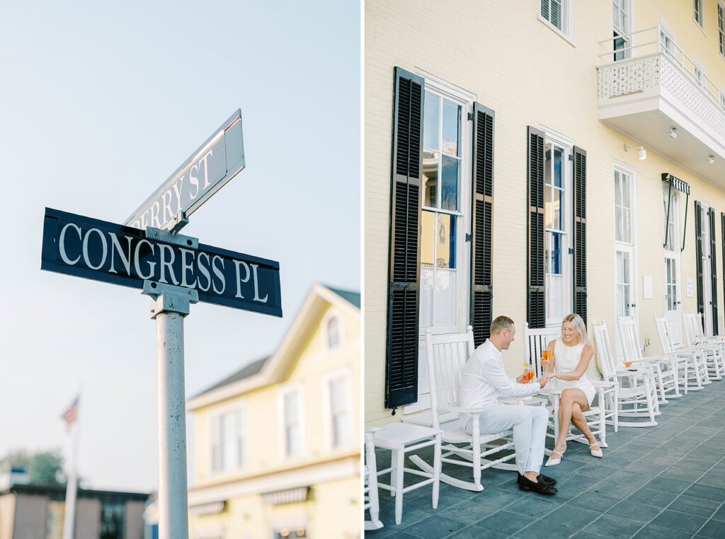 Couple sharing an Aperol spritz during their Cape May engagement session