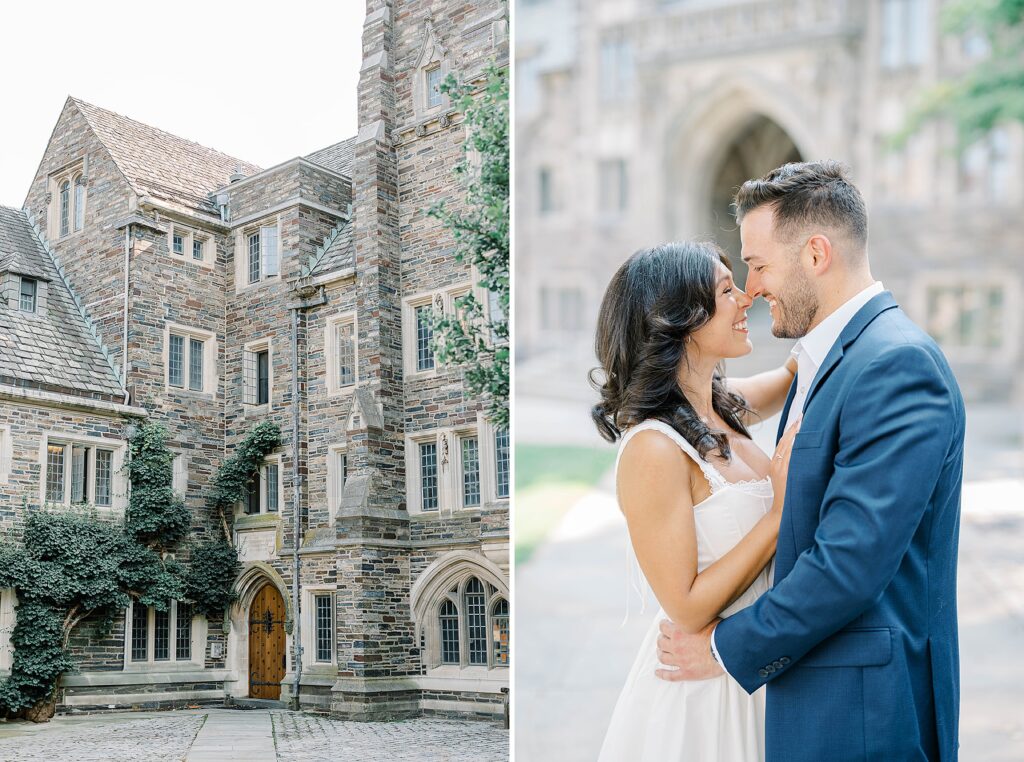 Couple holding hands under the arches during Princeton University NJ engagement session