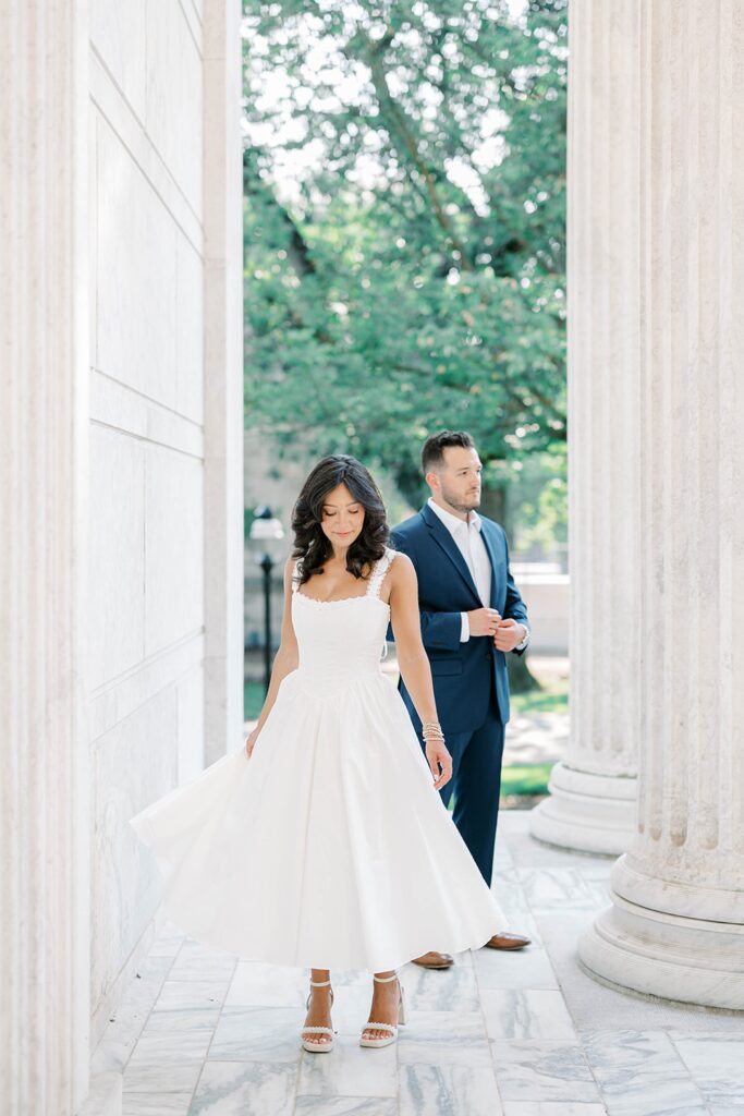Joyful engagement photos at Princeton University NJ with ivy-covered backdrop
