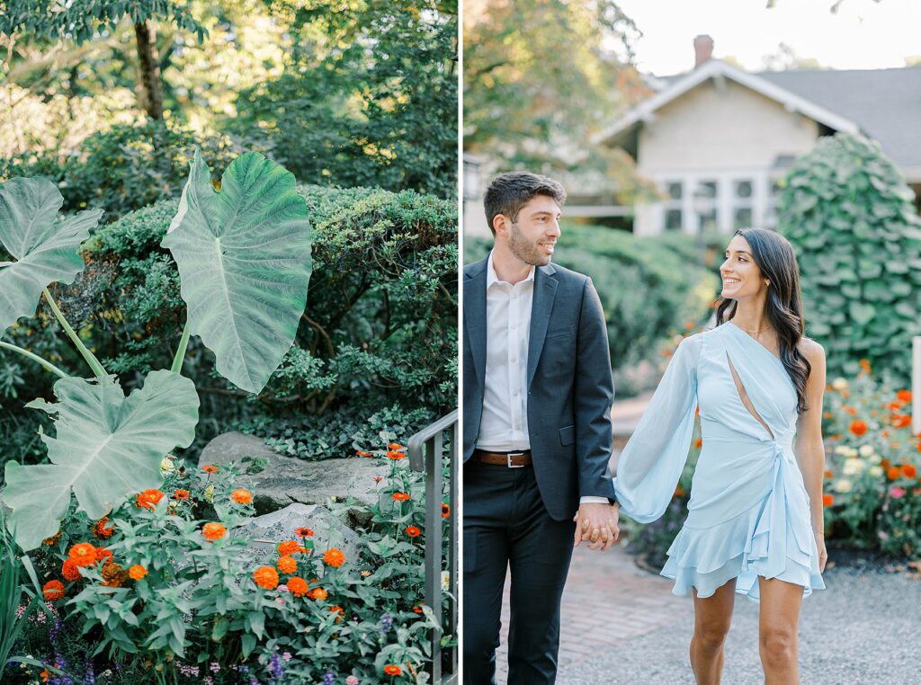 Couple walking through lush greenery at Sayen Gardens