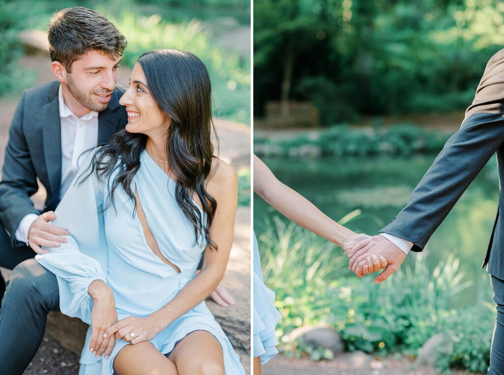 Engagement photography featuring Sayen Gardens pathways and flowers