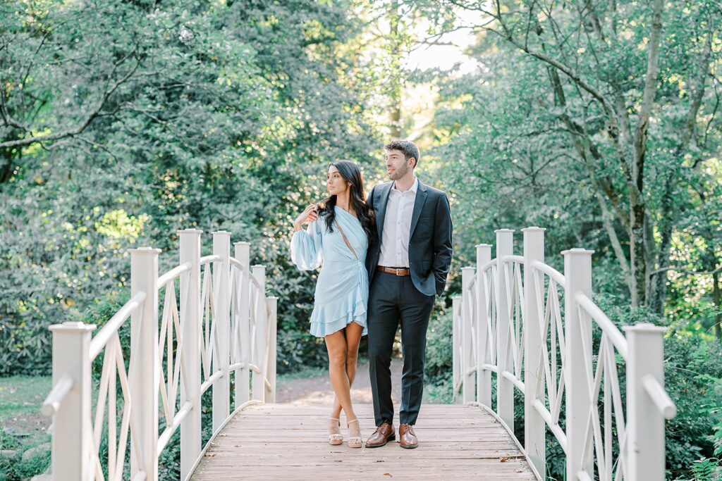 Engagement photography featuring Sayen Gardens pathways and flowers