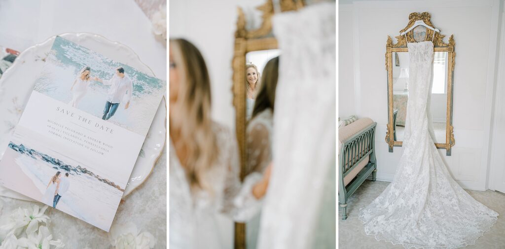 Bride in Netta BenShabu lace gown at Appleford Estate wedding