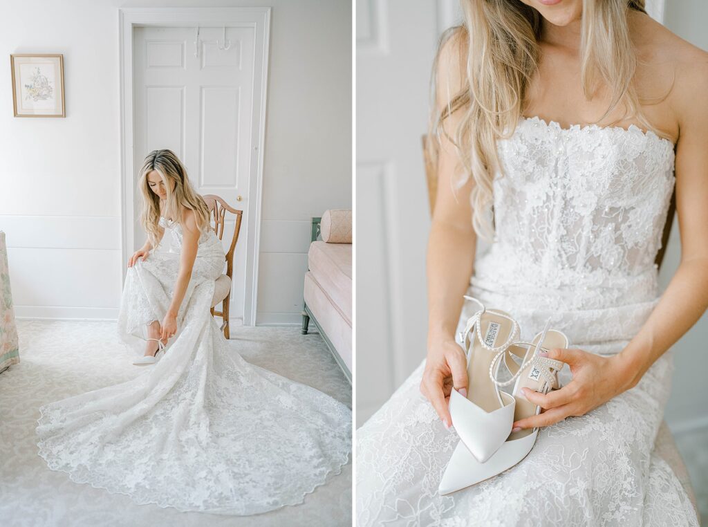 Bride in Netta BenShabu lace gown at Appleford Estate wedding