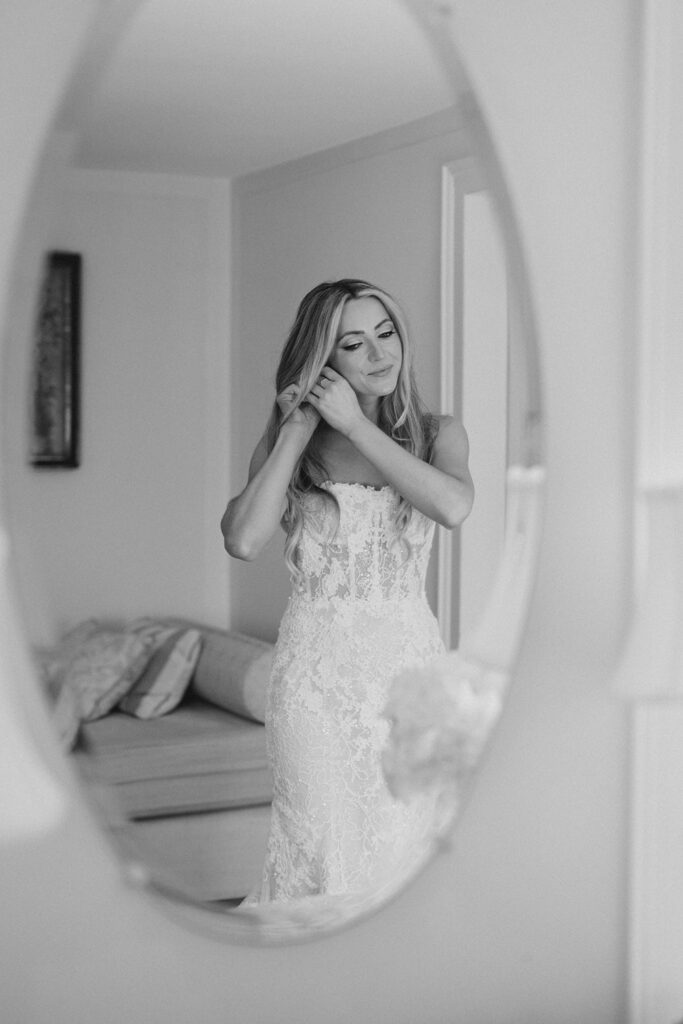 Bride in Netta BenShabu lace gown at Appleford Estate wedding