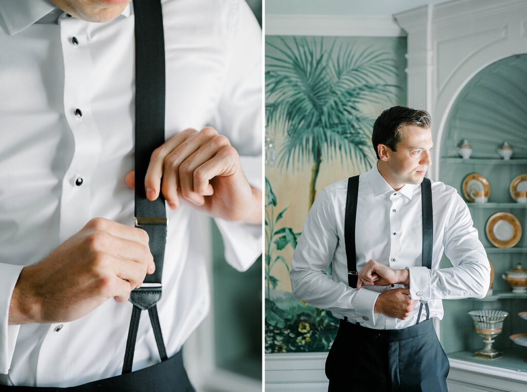 Groom in classic tuxedo with heirloom cufflinks at Appleford Estate