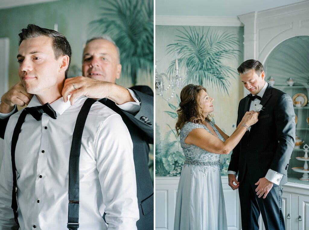 Groom in classic tuxedo with heirloom cufflinks at Appleford Estate