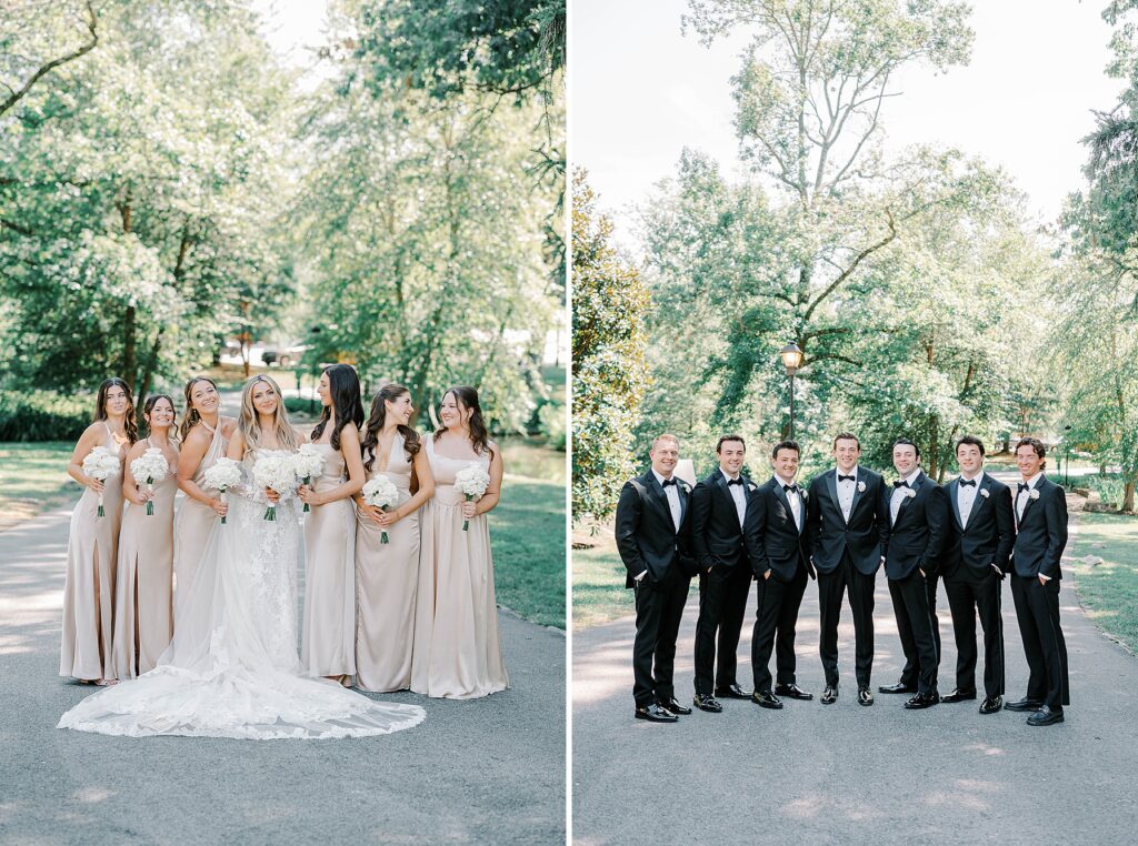 Bride with bridesmaids in champagne gowns at Appleford Estate wedding