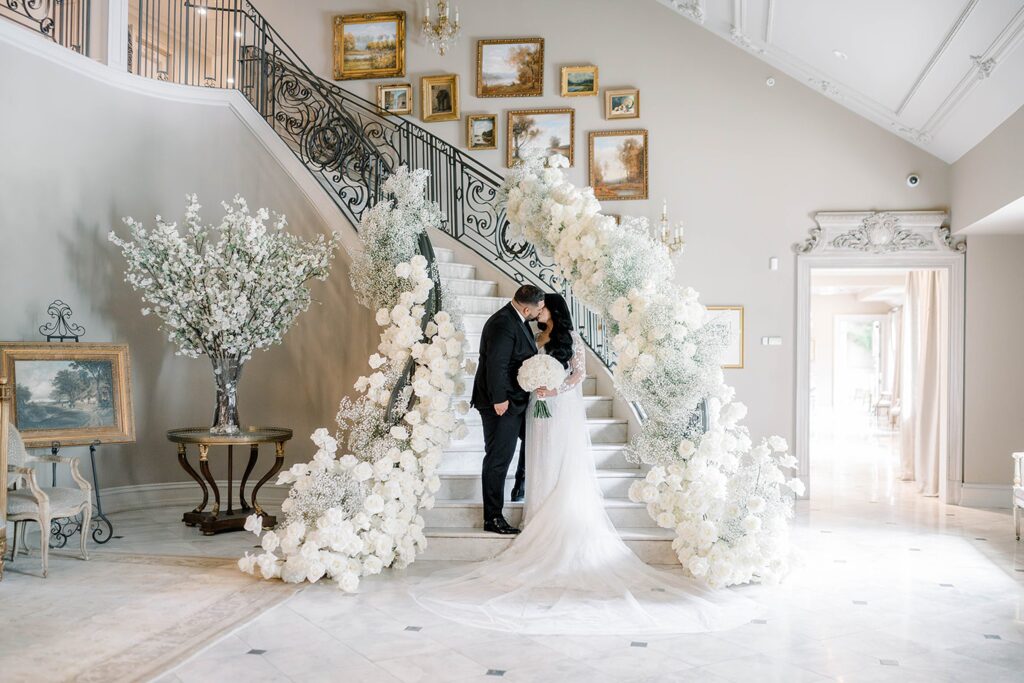 Luxury Park Château Wedding in New Jersey reception white and gold decor