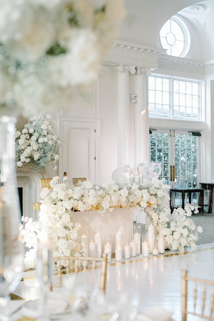 Luxury Park Château Wedding in New Jersey reception white and gold decor