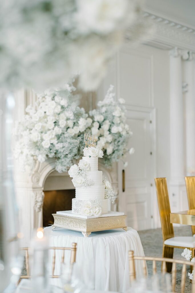 Luxury Park Château Wedding in New Jersey reception white and gold decor