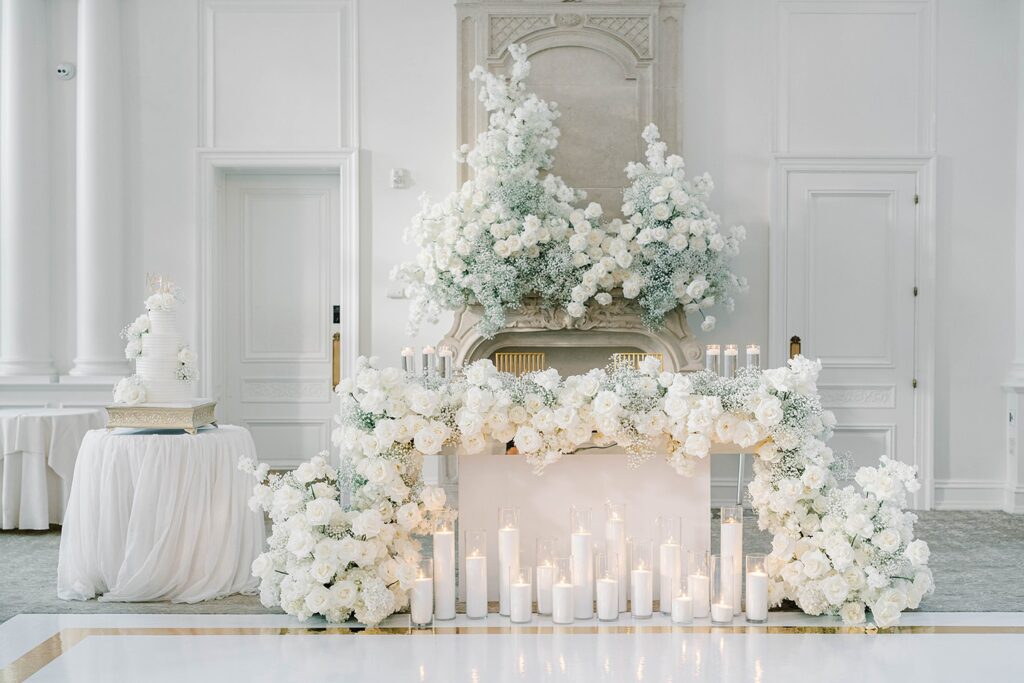 Luxury Park Château Wedding in New Jersey reception white and gold decor
