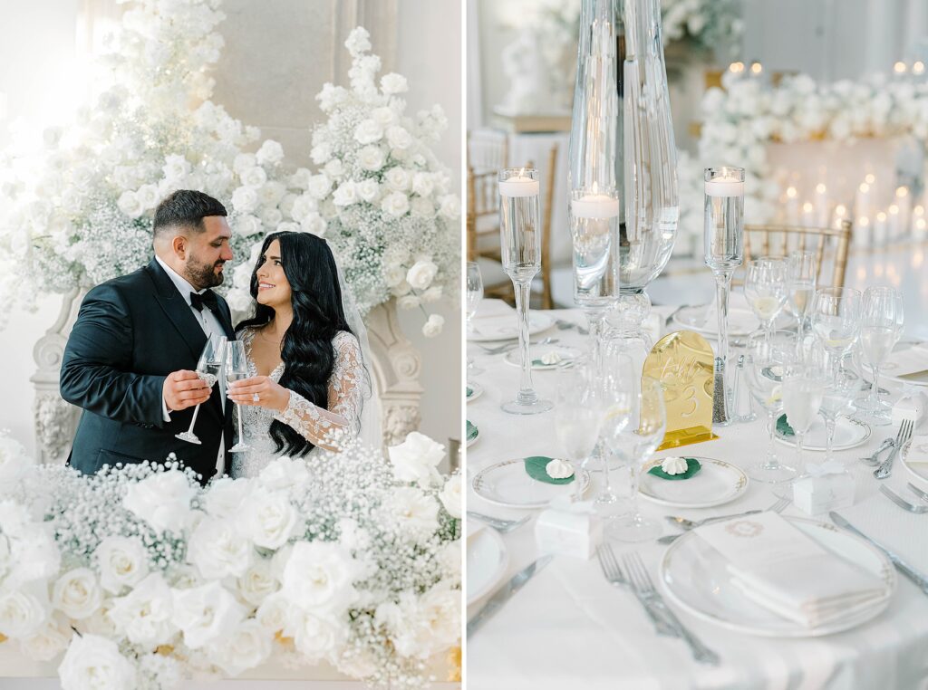 Luxury Park Château Wedding in New Jersey reception white and gold decor
