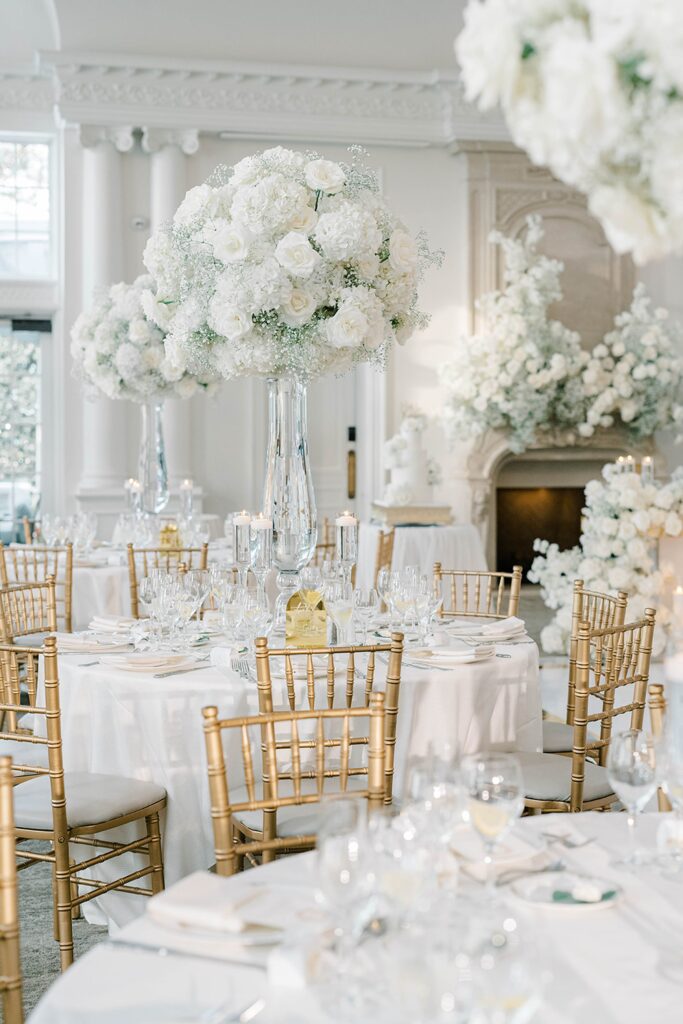 Luxury Park Château Wedding in New Jersey reception white and gold decor