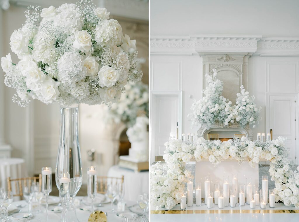 Luxury Park Château Wedding in New Jersey reception white and gold decor