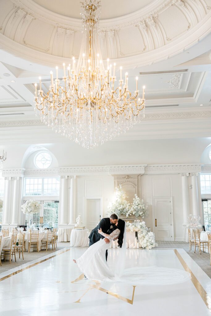Luxury Park Château Wedding in New Jersey reception white and gold decor