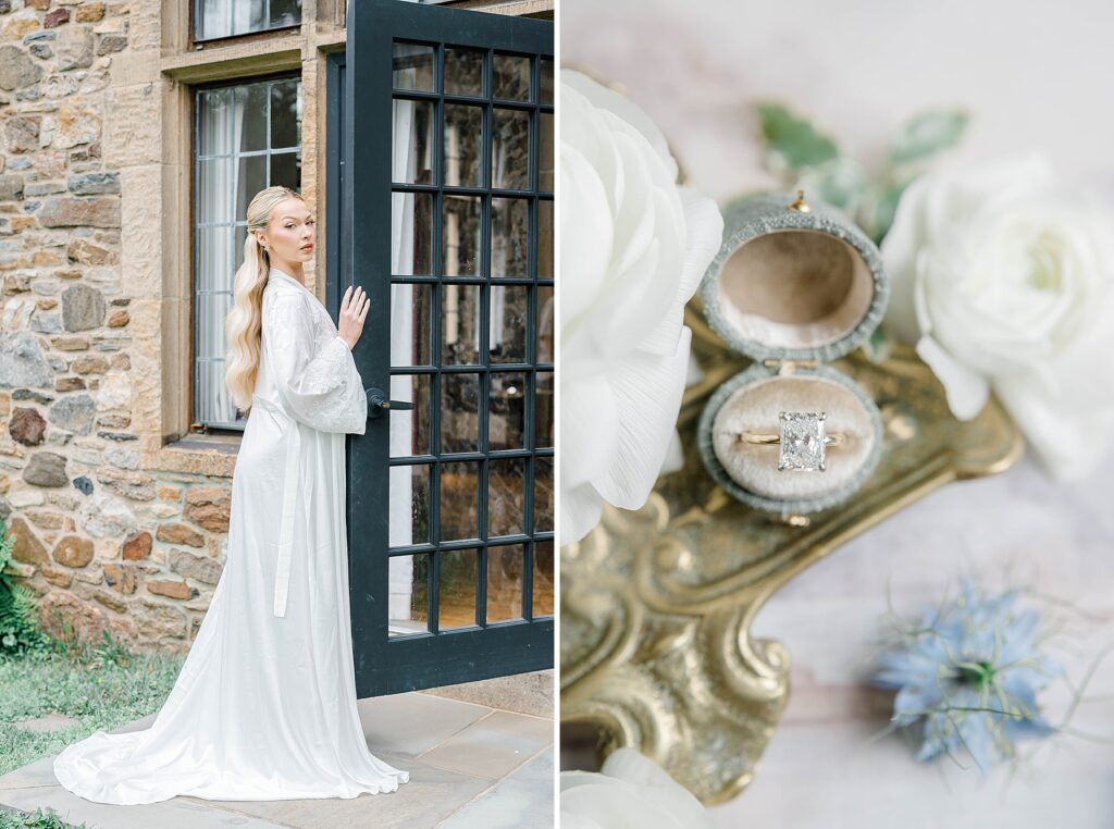 Bride getting ready in vintage blue and cream at Parque Ridley Creek.