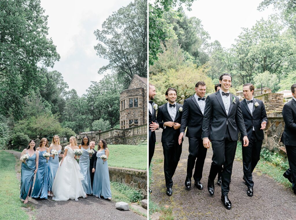 Bridesmaids in soft blue, groomsmen in black tuxedos.