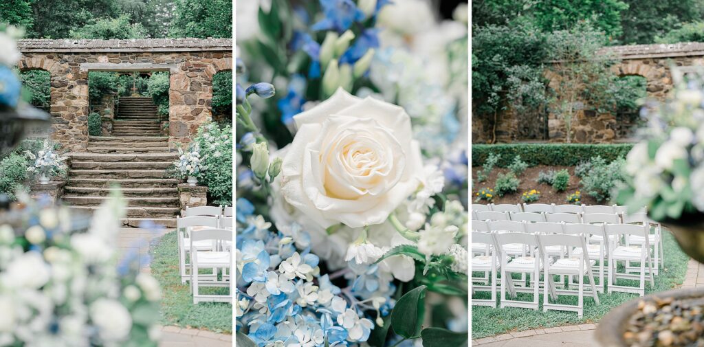 Garden ceremony by fountain with cascading florals.
