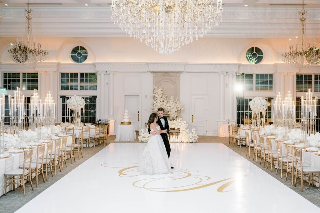 Park Chateau Estate wedding reception ballroom with white florals