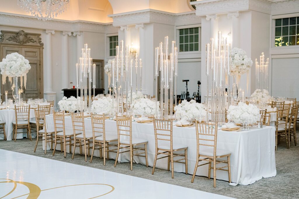 Park Chateau Estate wedding reception ballroom with white florals