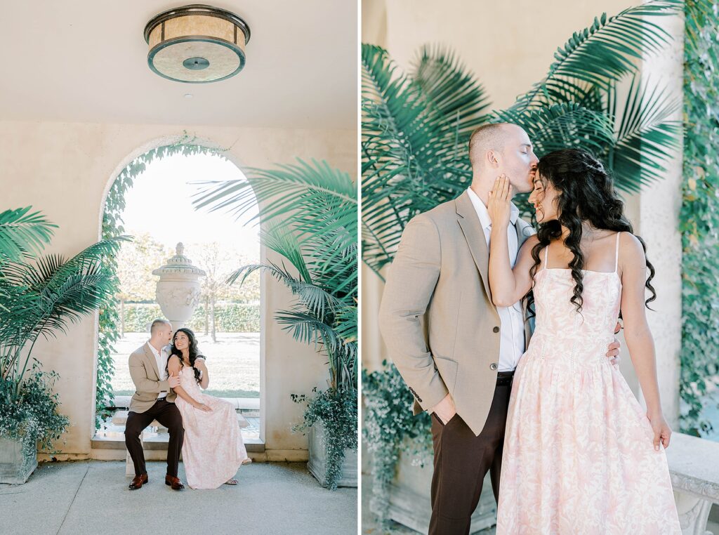 Elegant fall Longwood Gardens engagement portrait of Andrea and Rich framed by golden trees and classic stone architecture.