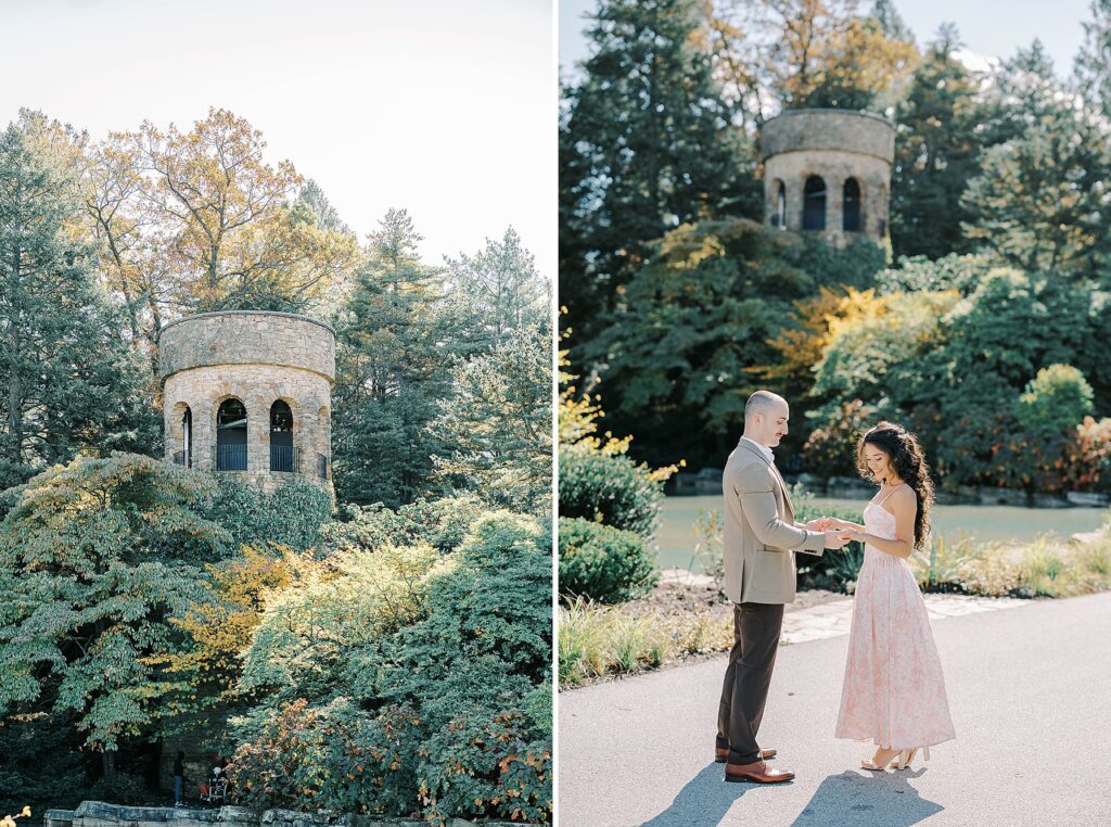 Candid engagement moment with Andrea and Rich laughing together among the gardens’ colorful leaves.