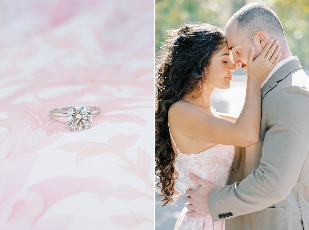 Andrea and Rich framed by golden trees and classic stone architecture.