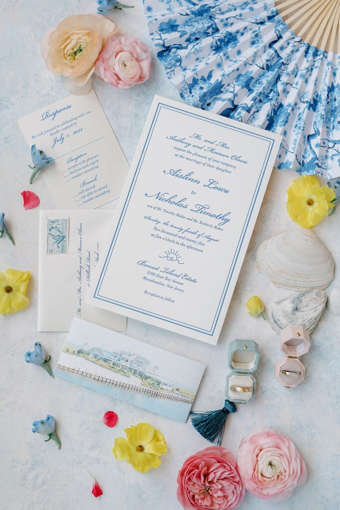 Wedding invitation suite with coral and pink details for Bonnet Island Estate wedding