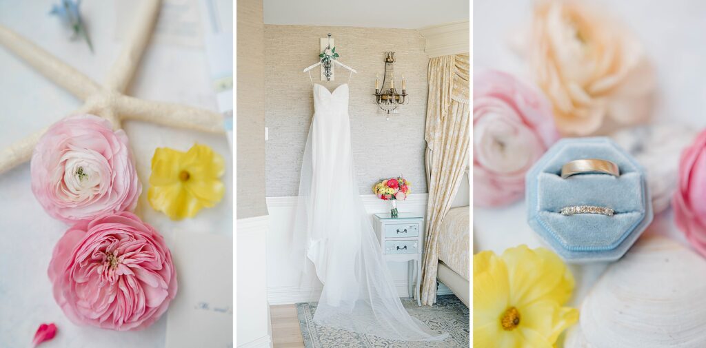 Bride in white Newhite gown holding vibrant coral and yellow bouquet at Long Beach Island wedding