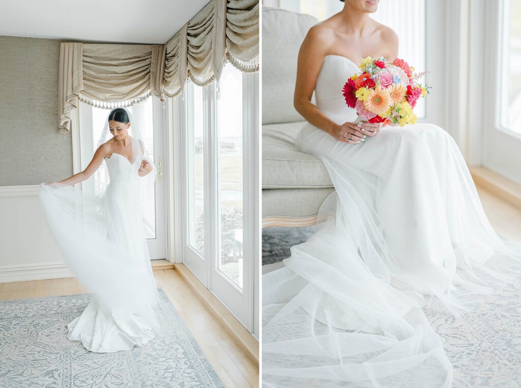 Bride getting ready in bridal suite with mother at Bonnet Island Estate