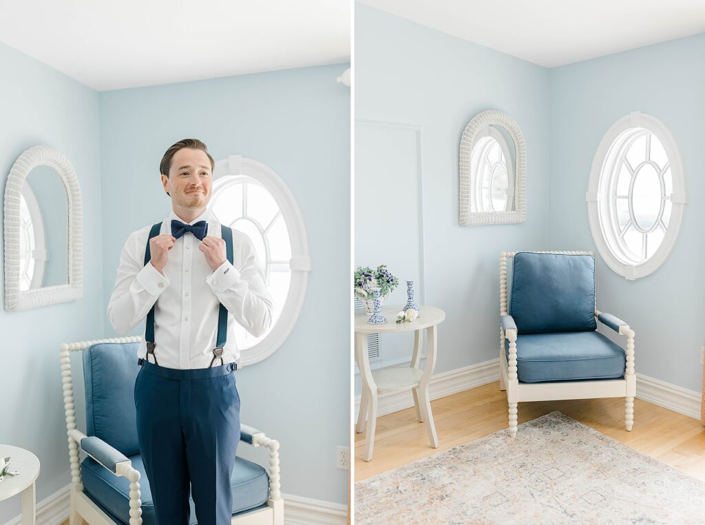 Groom getting ready with groomsmen at Bonnet Island Estate Long Beach Island