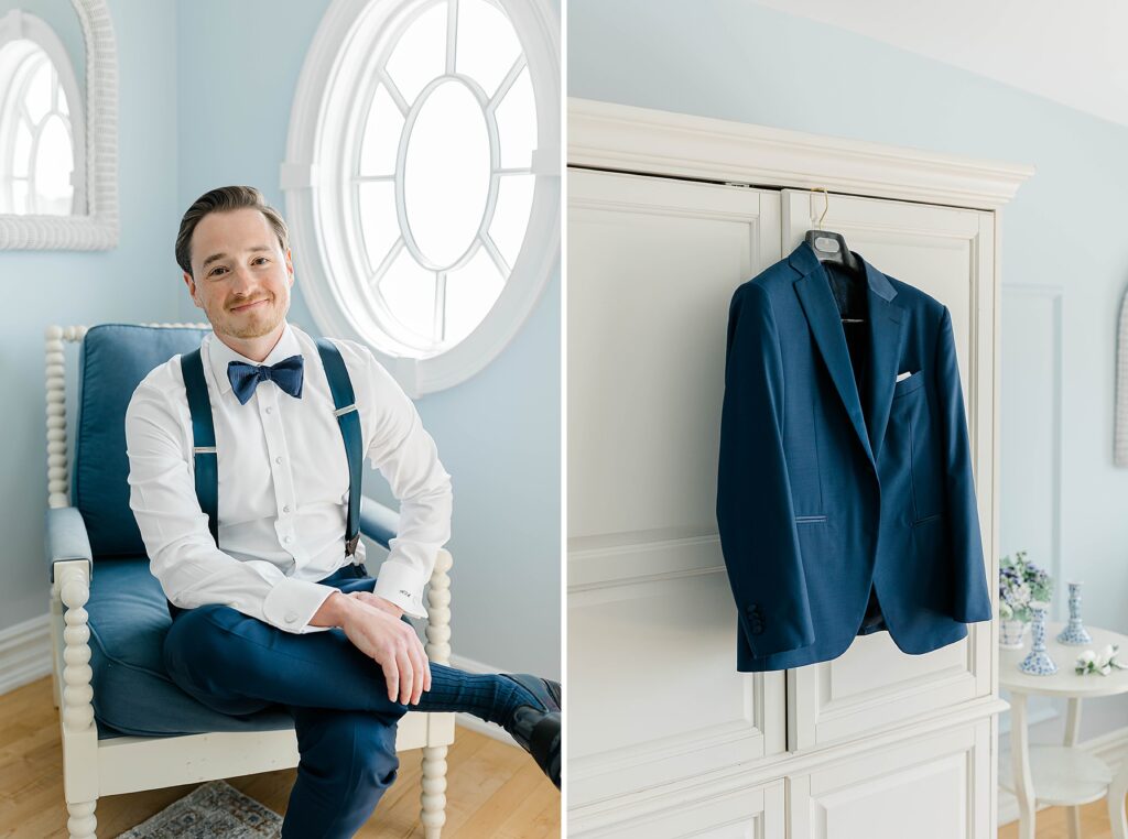 Groom adjusting tie with groomsmen in preparation for ceremony