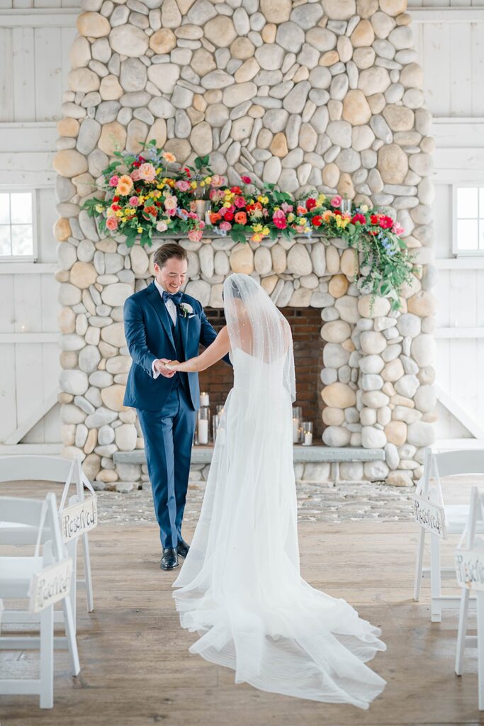 Bride and groom emotional first look at Long Beach Island wedding venue