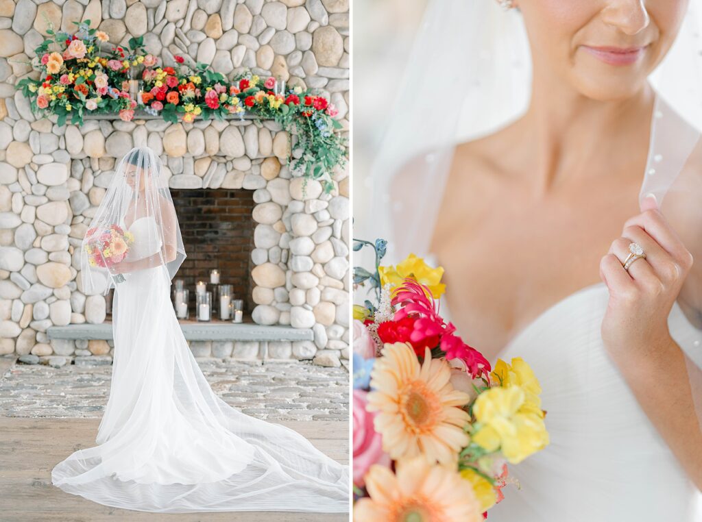 Bride showing off wedding dress and bouquet at Bonnet Island Estate