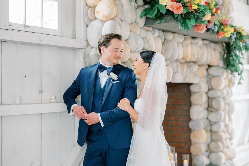 Romantic couple portrait on dock at Bonnet Island Estate Barnegat Bay