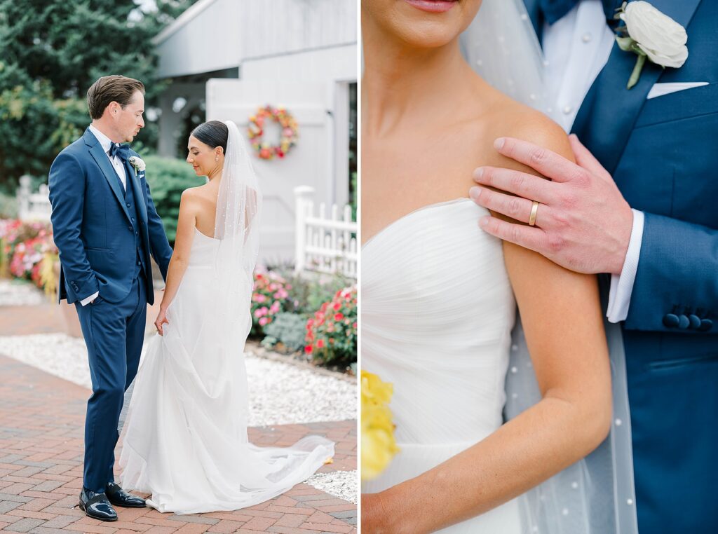 Romantic couple portrait on dock at Bonnet Island Estate Barnegat Bay