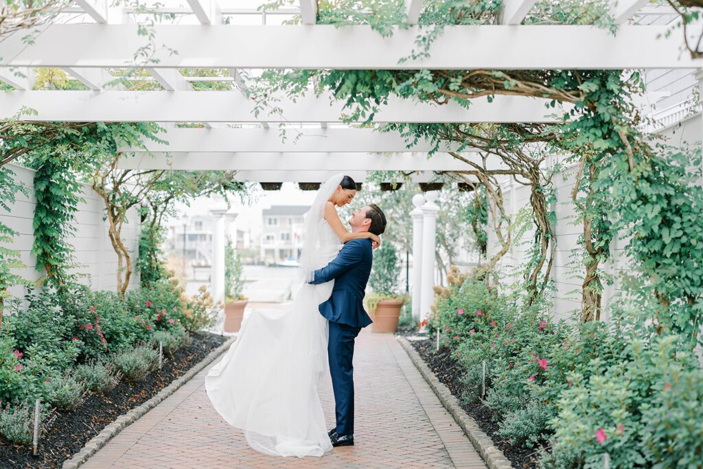 Bride and groom romantic portrait at Bonnet Island Estate gardens
