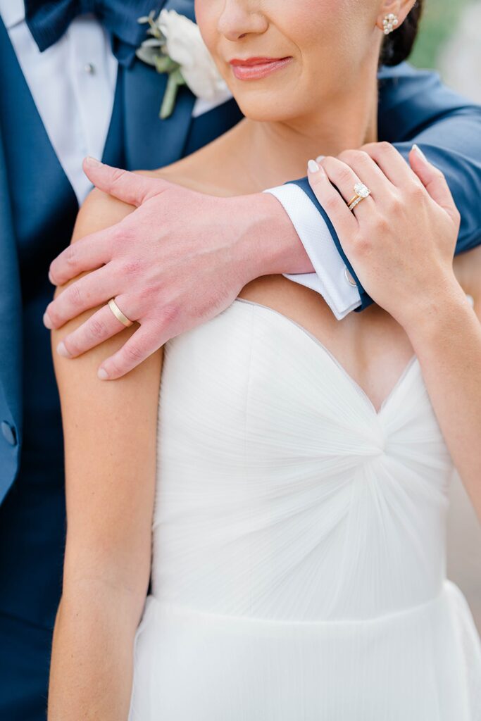 Bride and groom romantic portrait at Bonnet Island Estate gardens
