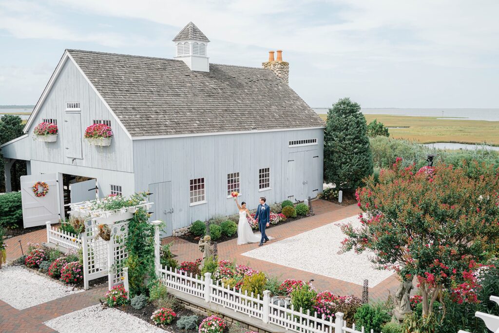 Bride and groom embracing during first look waterfront wedding New Jersey