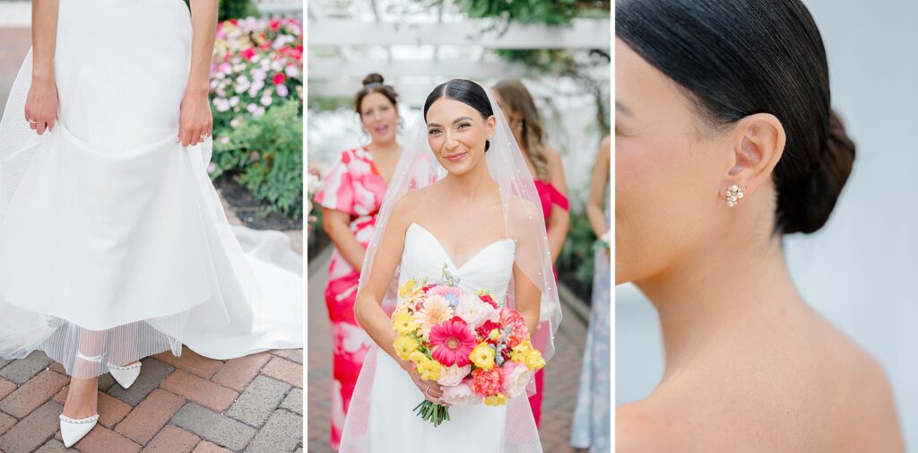 Bride with bridesmaids in vibrant coral and pink dresses at New Jersey wedding