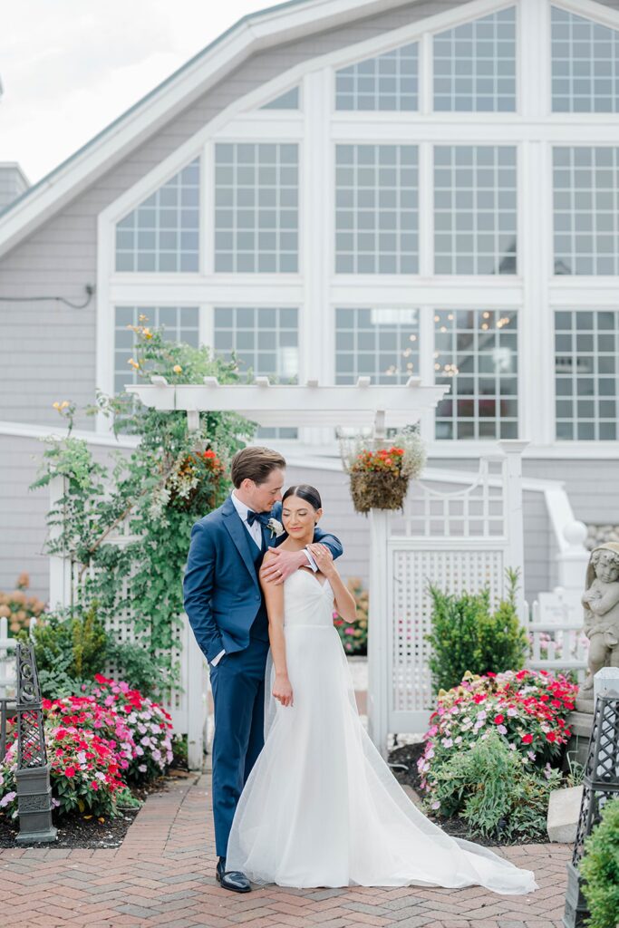 Bride and groom intimate moment at coastal New Jersey wedding venue