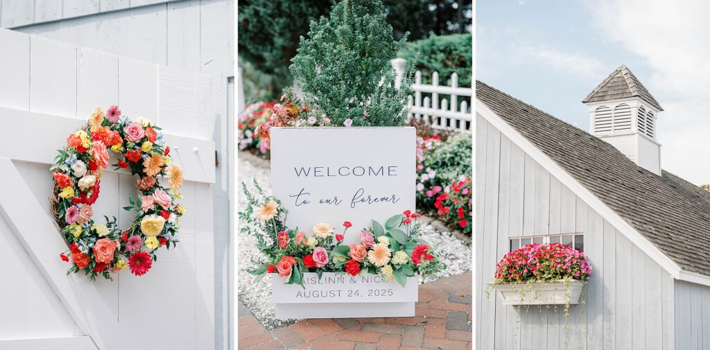 Boathouse Chapel ceremony setup with bright floral arch at Bonnet Island Estate