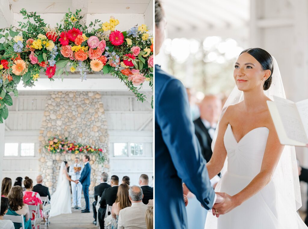 Vibrant coral pink yellow orange floral ceremony arch by MDS Floral Long Beach Island