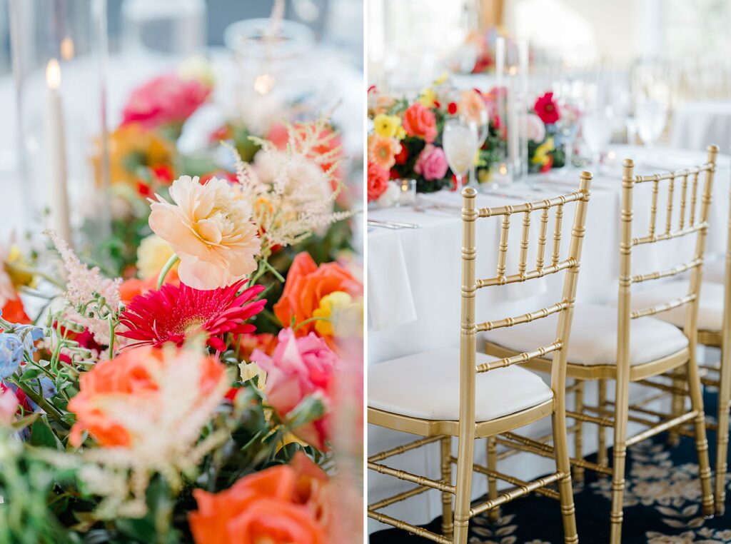 Reception room with bright floral table runners at Long Beach Island wedding