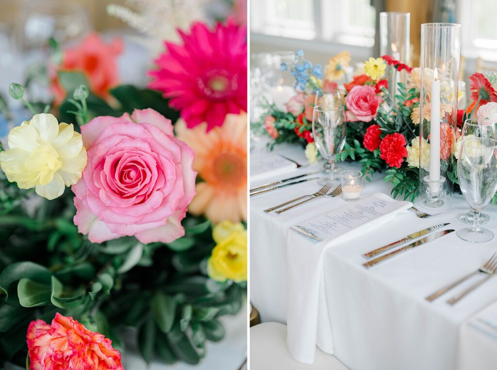 Colorful coral pink yellow floral centerpieces by MDS Floral New Jersey wedding