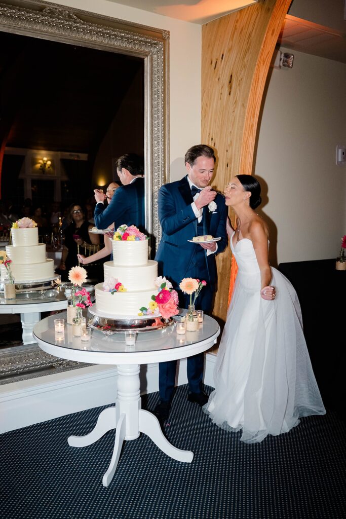 Night portraits of bride and groom at New Jersey coastal wedding venue