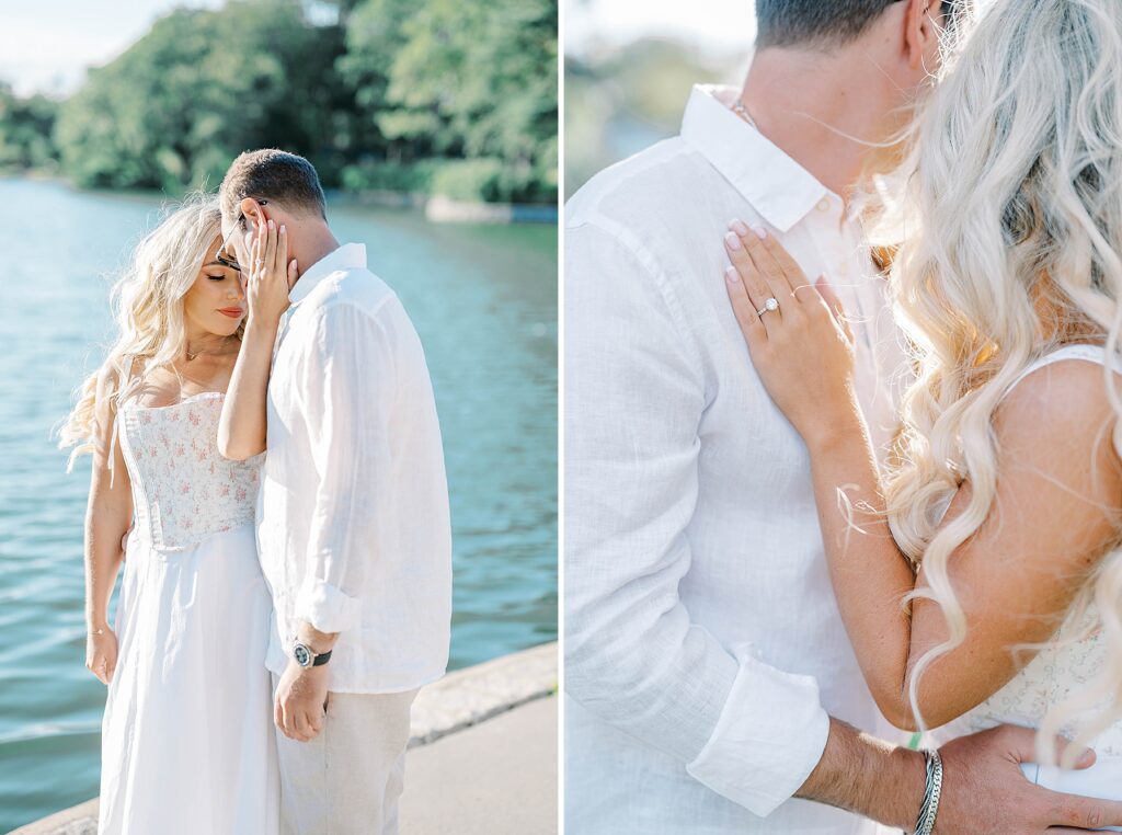 Spring Lake engagement couple walking hand in hand on dock New Jersey